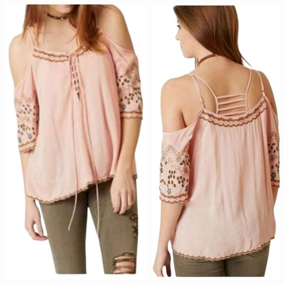 Gimmicks BKE Lace Up Cold Shoulder Embroidered Top Blush Pink Soft Bell Sleeves - Picture 2 of 12